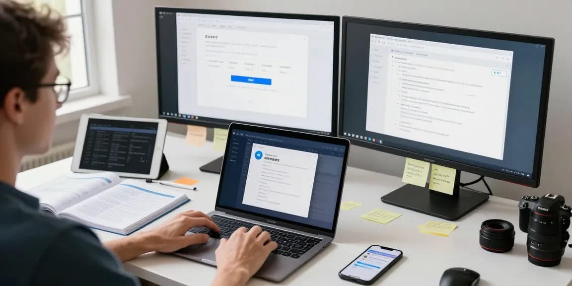 Setting up Telegram Chinese interface on a modern workspace with multiple devices and resources.