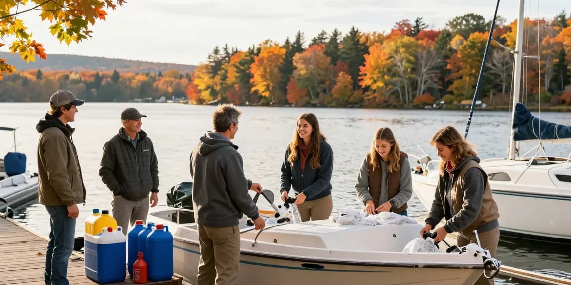 Boat winterization process at Mountain Trout House Marina with family preparing equipment