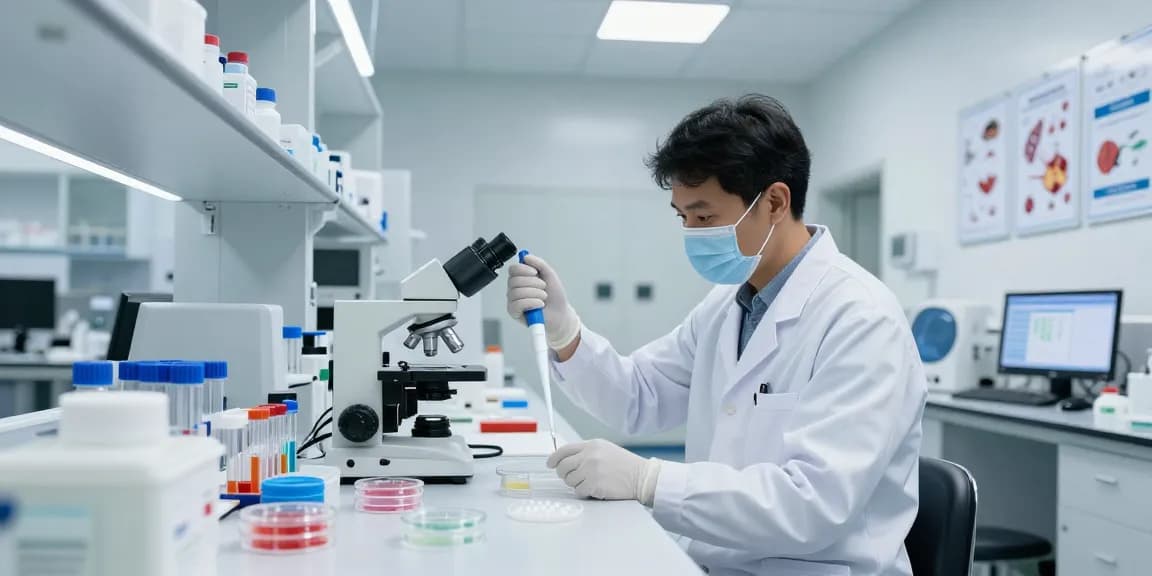 Lab technician measuring liquid with pipette among medical and lab supplies in a sterile laboratory setting.