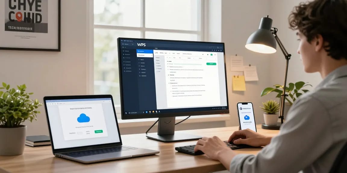 WPS Official Website user working seamlessly in a modern digital workspace, showcasing productivity with WPS Office software.