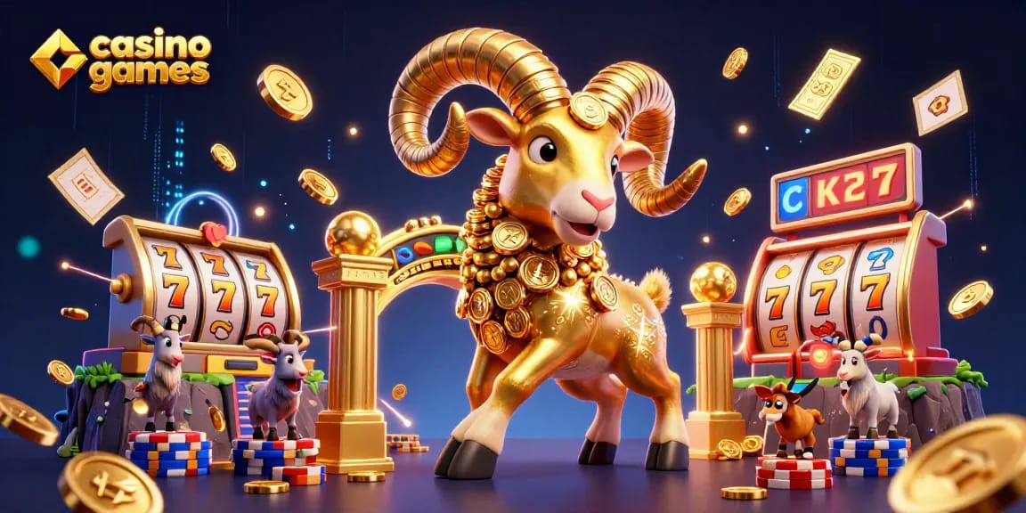 Engage with thrilling casino games featuring vibrant slot reels and golden trophy elements.