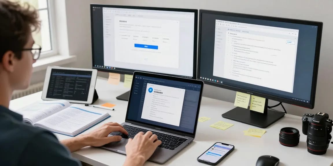 Setting up Telegram Chinese interface on a modern workspace with multiple devices and resources.