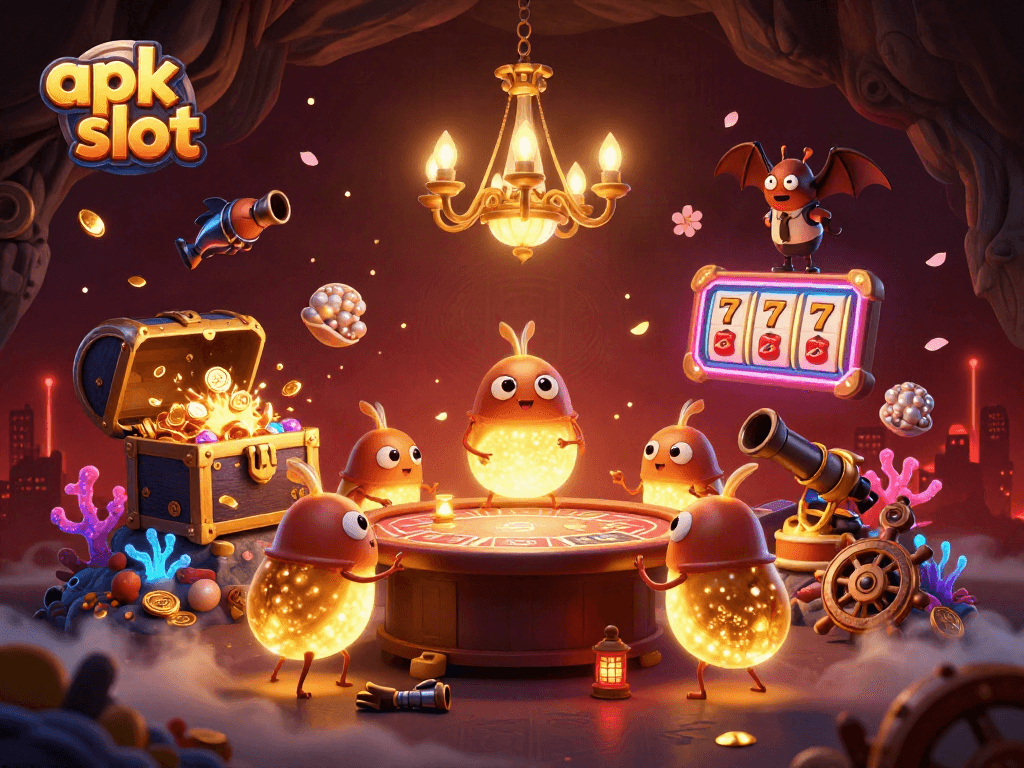 Experience thrilling entertainment with apk slot in a vibrant cave casino illuminated by glowworms.