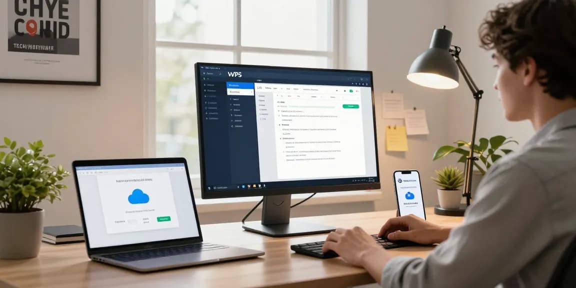WPS Official Website user working seamlessly in a modern digital workspace, showcasing productivity with WPS Office software.