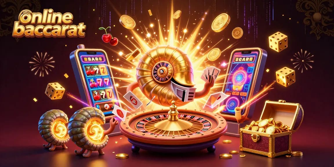 Engage in online baccarat action with vibrant casino elements and a golden nautilus character.