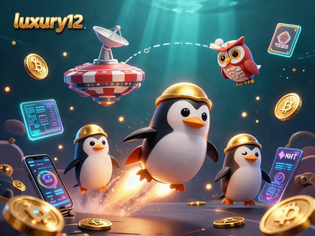Experience luxury12 with an adventurous golden penguin soaring through a cosmic casino world of riches!
