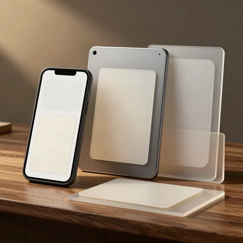 Device bezel templates with translucent UI overlays on a walnut studio surface