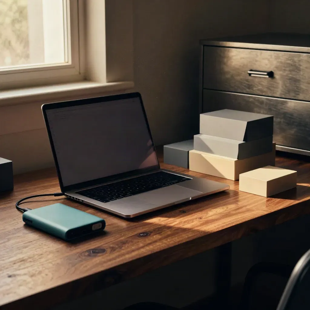 Closed laptop, keyboard, backup drive and modular blocks on a warm studio workbench.