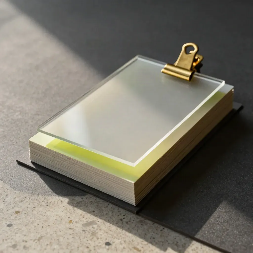 Diagonal acrylic layers and brass clip on charcoal mat, landing-page composition with a lime accent.