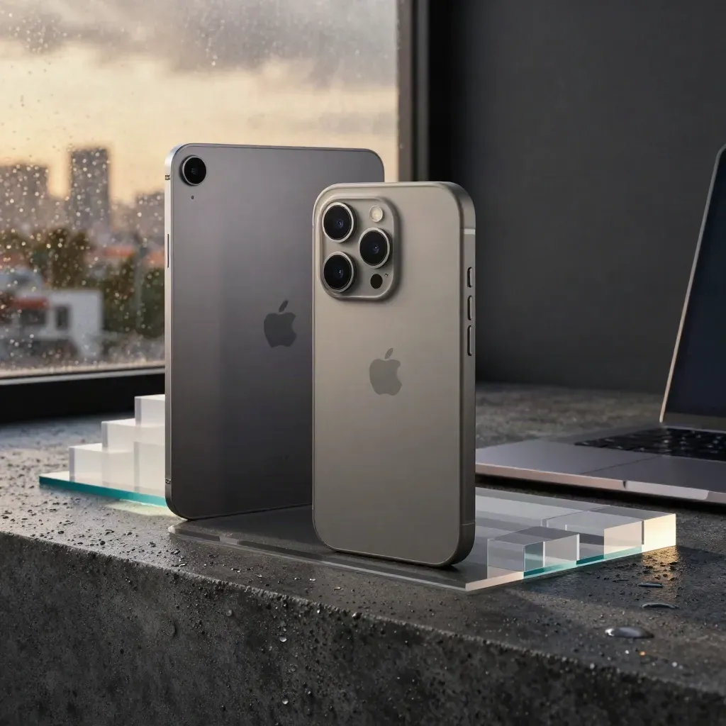 Rainy mobile-first studio setup with phone, tablet, laptop shells and teal reflections.