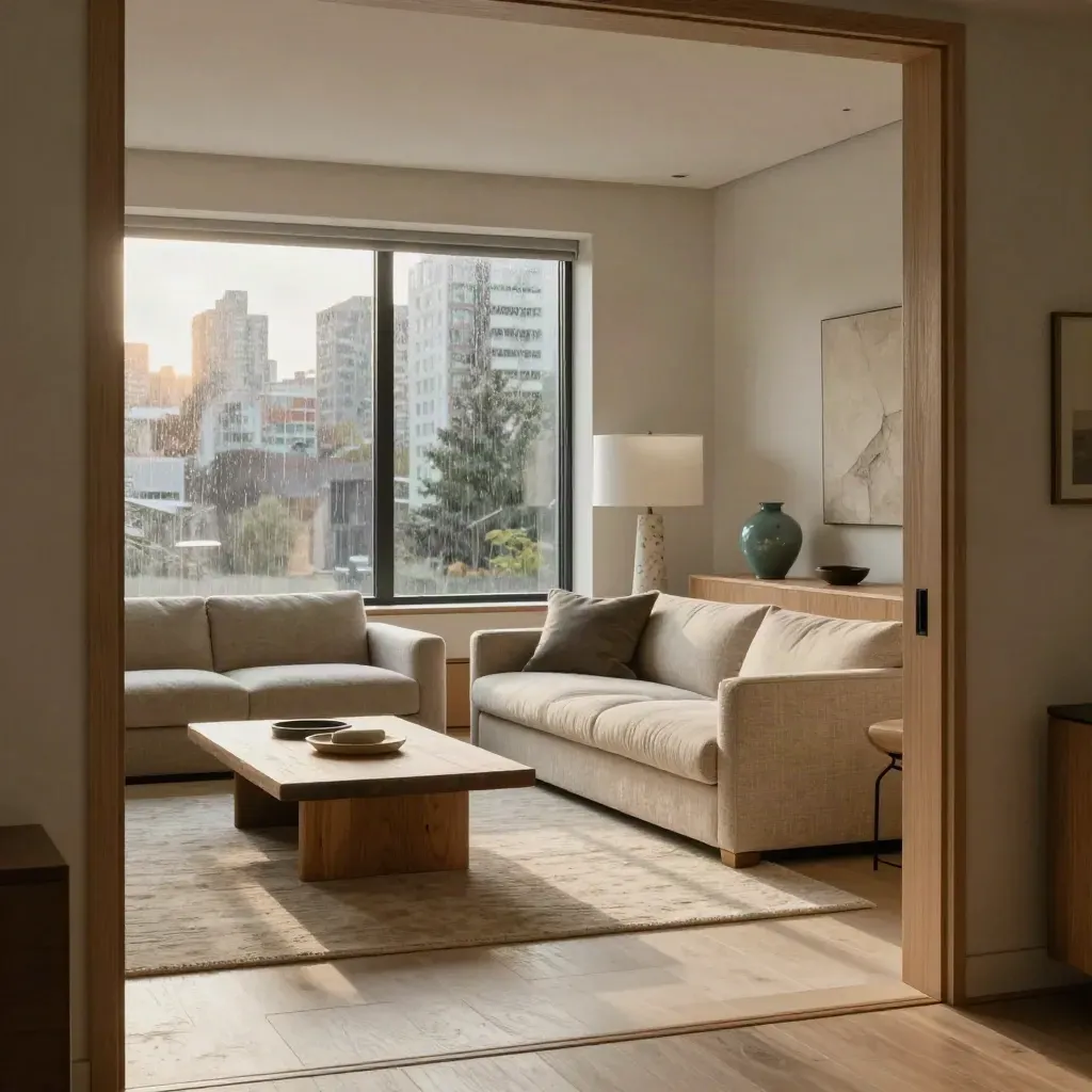 Staged Vancouver living room seen through a doorway, rain-bright windows and a teal accent vase.