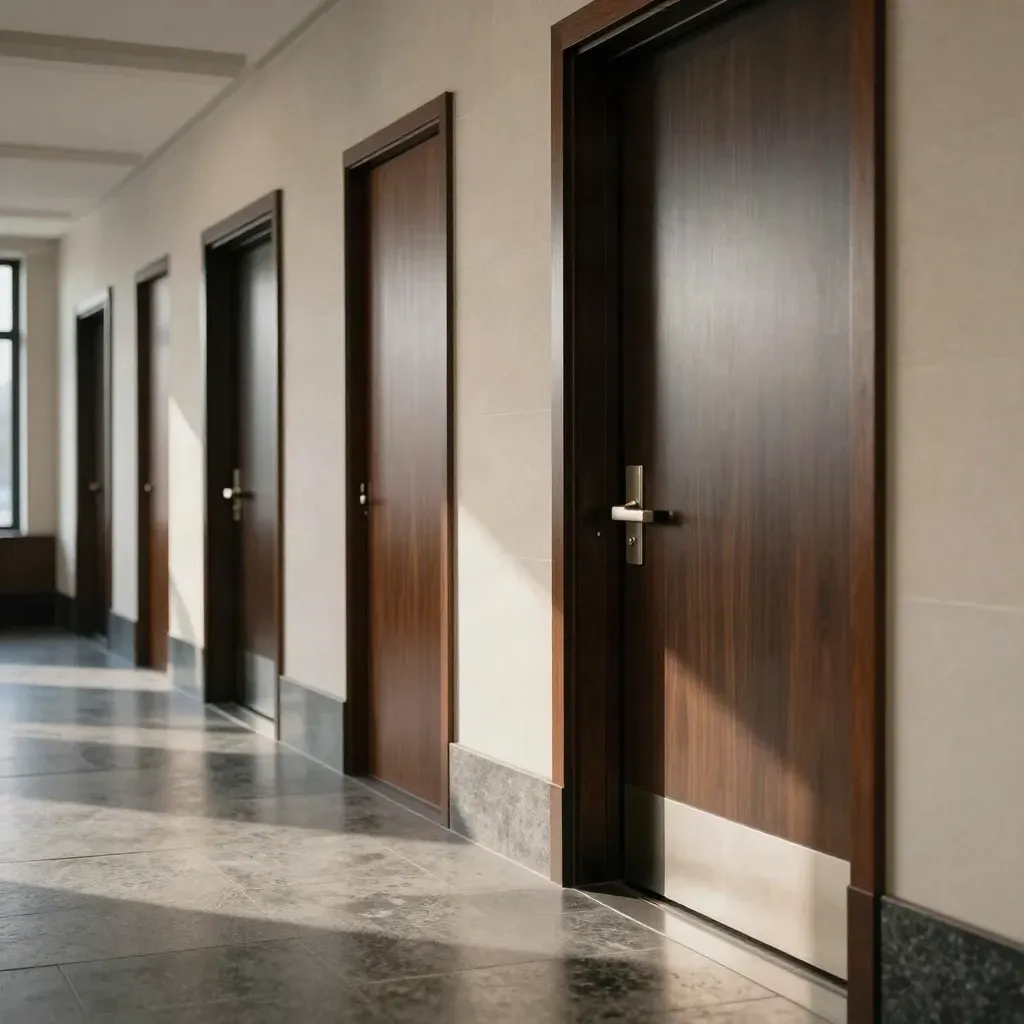 Elegant law office corridor with stone floor, dark wood trim, and closed service doors