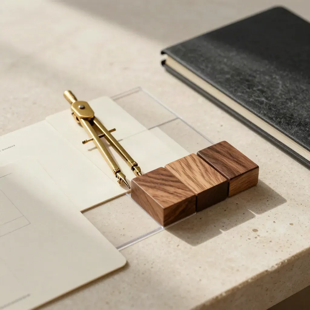 Macro still life of planning cards, brass compass, wooden blocks and notebook on travertine.