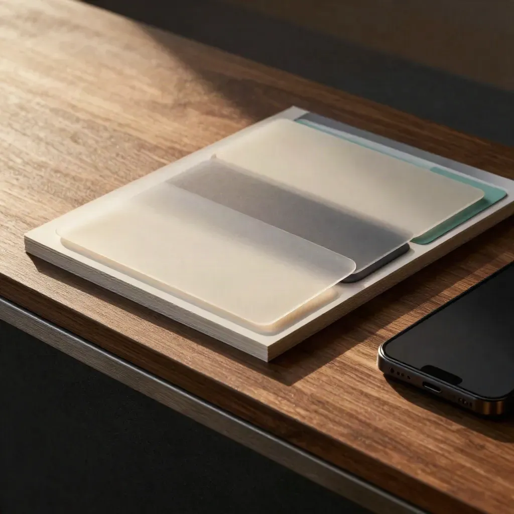 UX/UI materials with phone frame, overlay sheets, and teal chips on warm walnut.