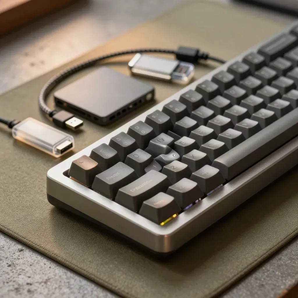 Macro of WordPress developer tools: keyboard, SSD, braided cable, USB drive and keycap tray in cool light.