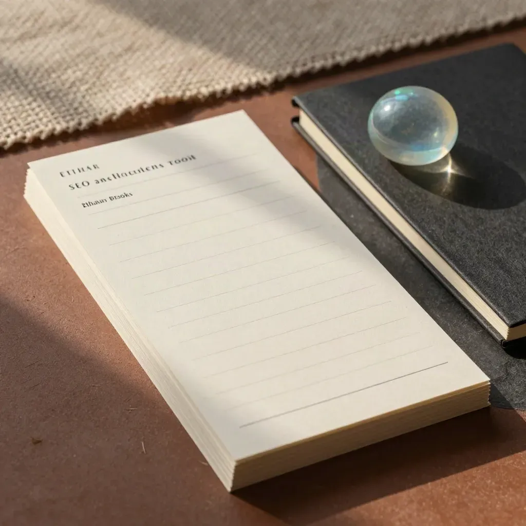 Top-down still life of SEO cards, notebook and paperweight on a dark editorial surface