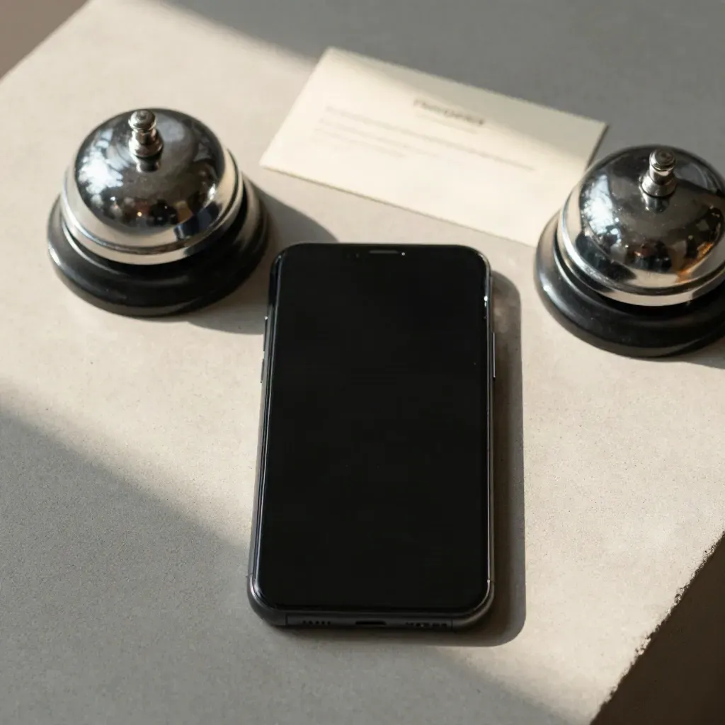 Overhead smartphone, desk bell, and earbuds case on concrete with soft teal sheen.