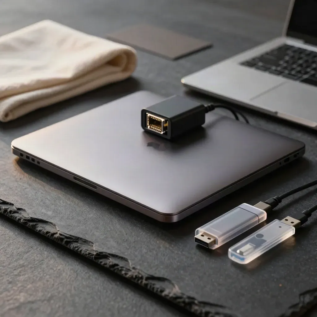 Closed laptop and testing accessories arranged on a stone tray with soft light.