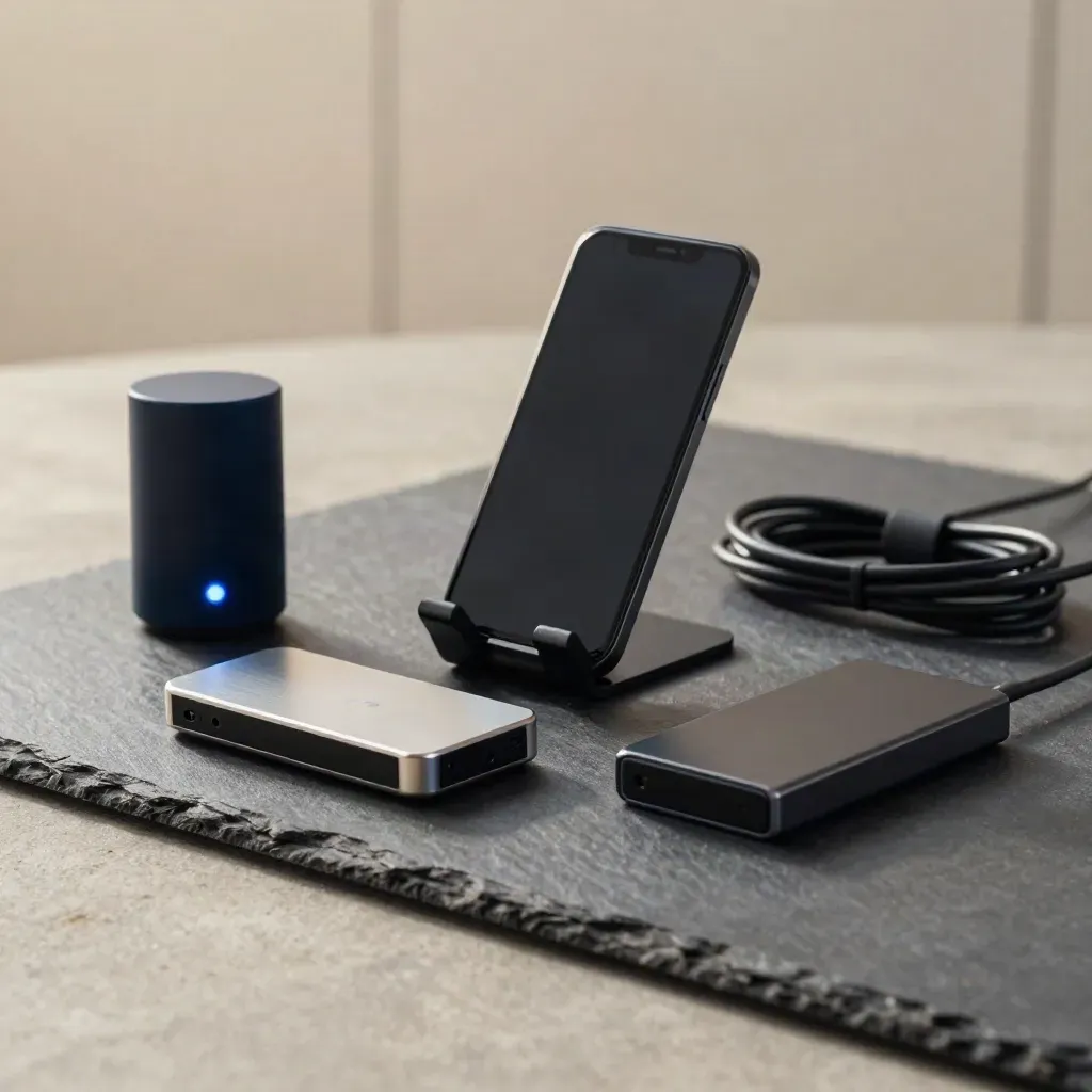 Server light, phone stand, backup drive, and cable coil on slate, softly lit and resolved.