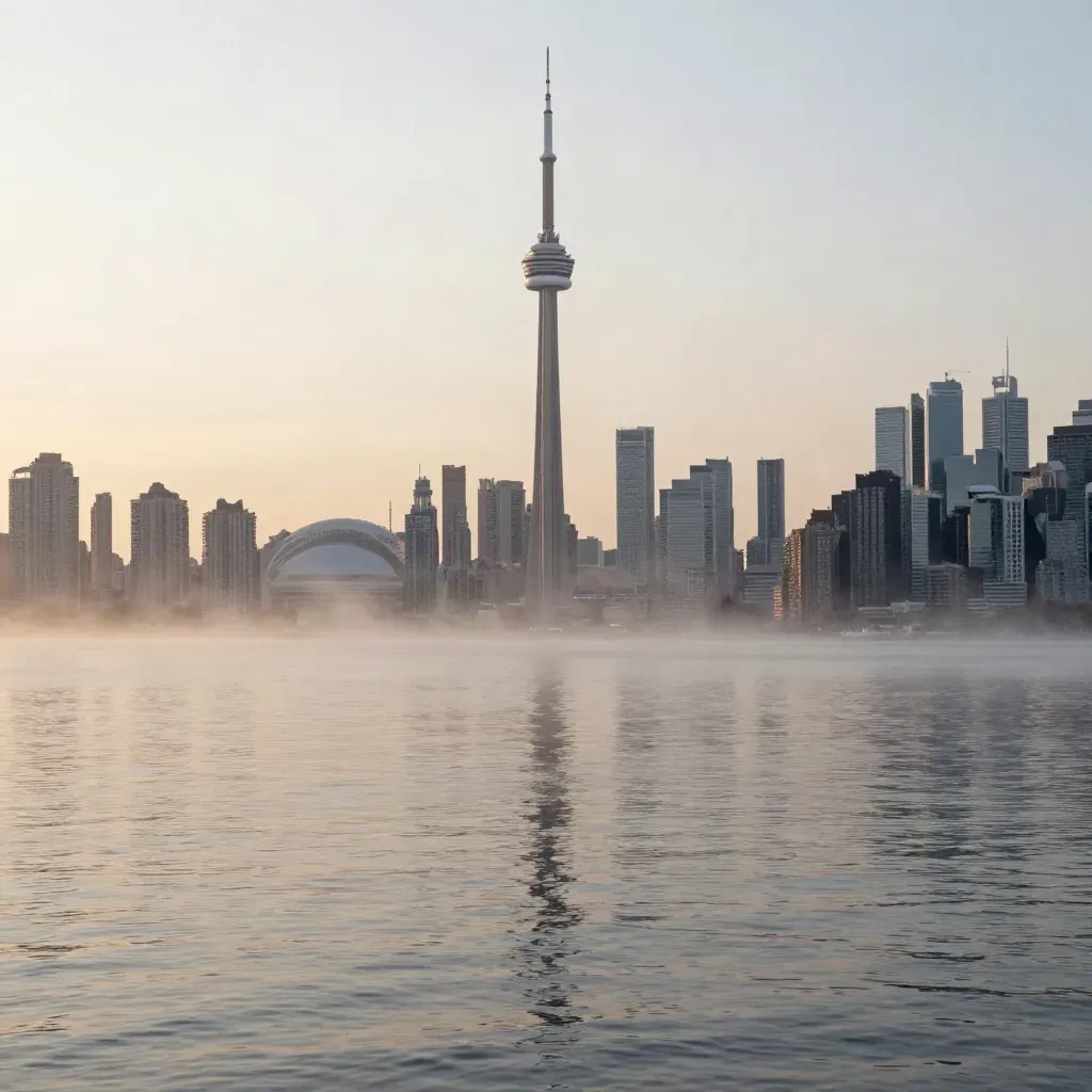 Toronto skyline and CN Tower over calm Lake Ontario in warm misty dawn light