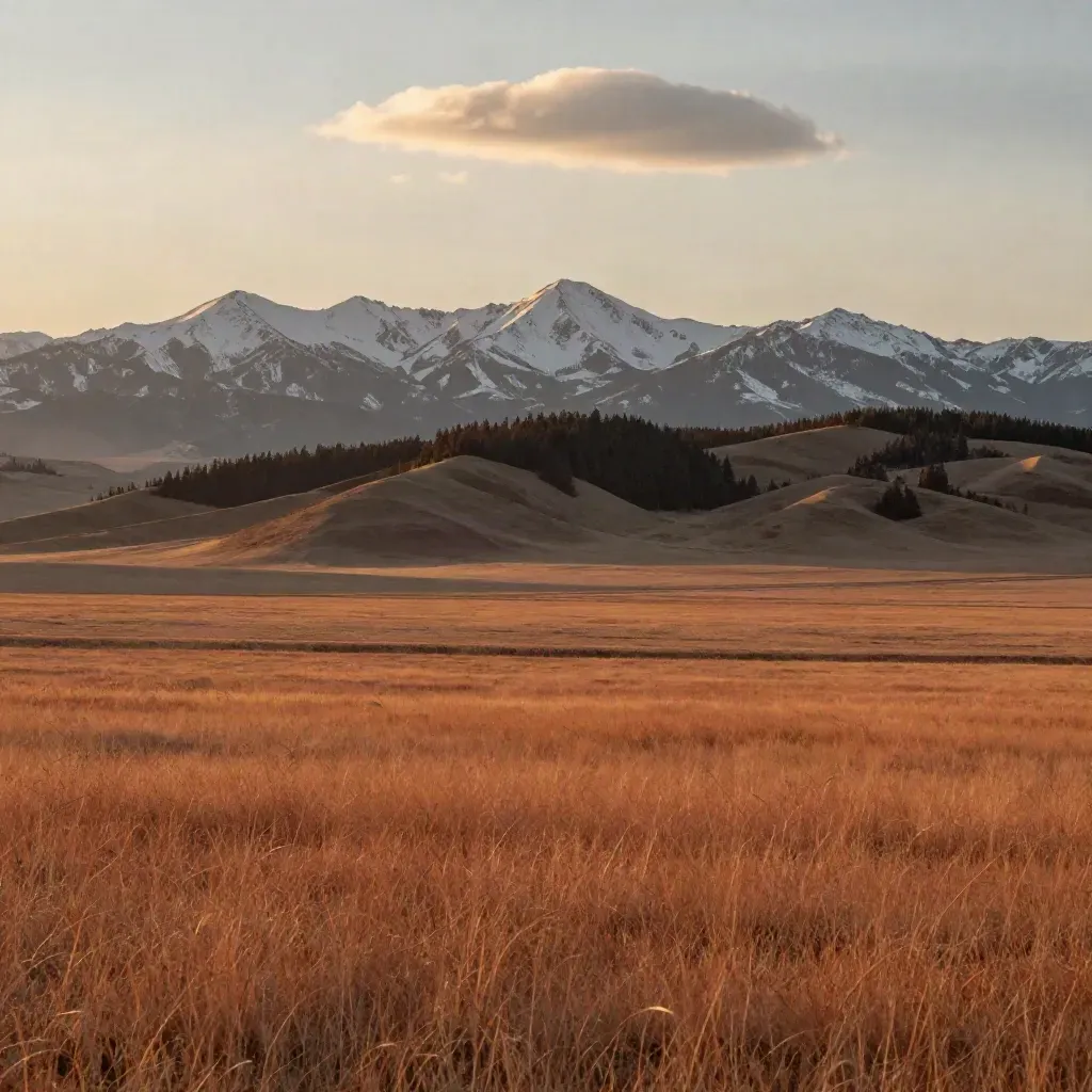 Prairie foothills and distant Rockies at golden hour with warm haze and open grassland.