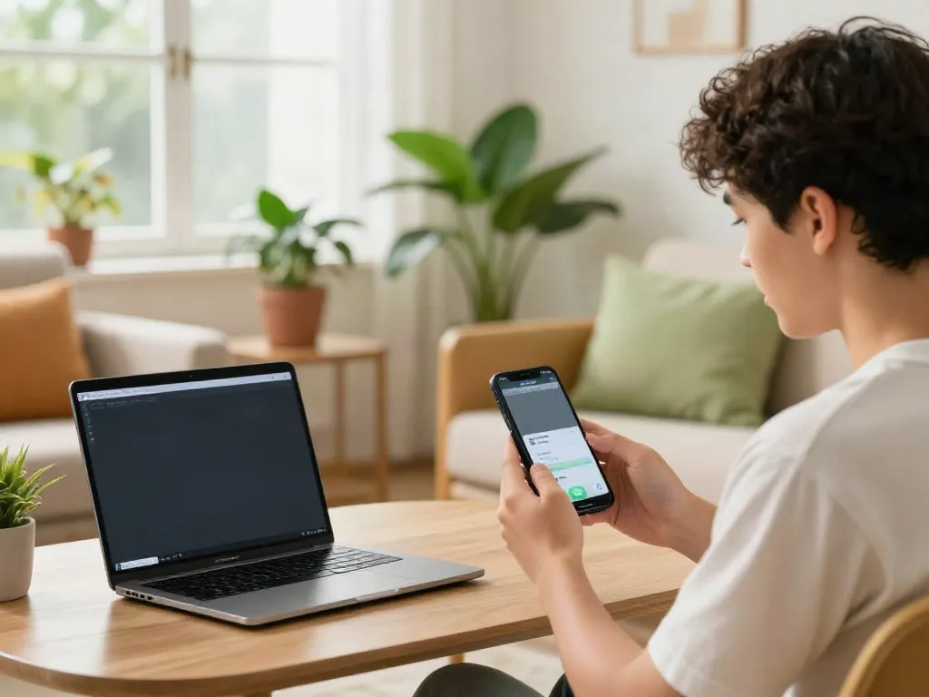 Young person engaging with FMWhatsApp APK on smartphone in a cozy living room setting.