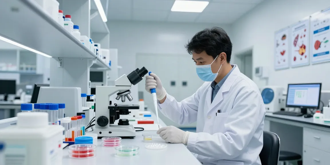Lab technician measuring liquid with pipette among medical and lab supplies in a sterile laboratory setting.